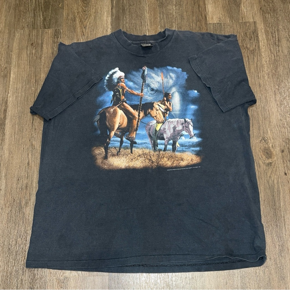 Vintage 3D Emblem Biker single stitched Black Graphic Tee with Native American